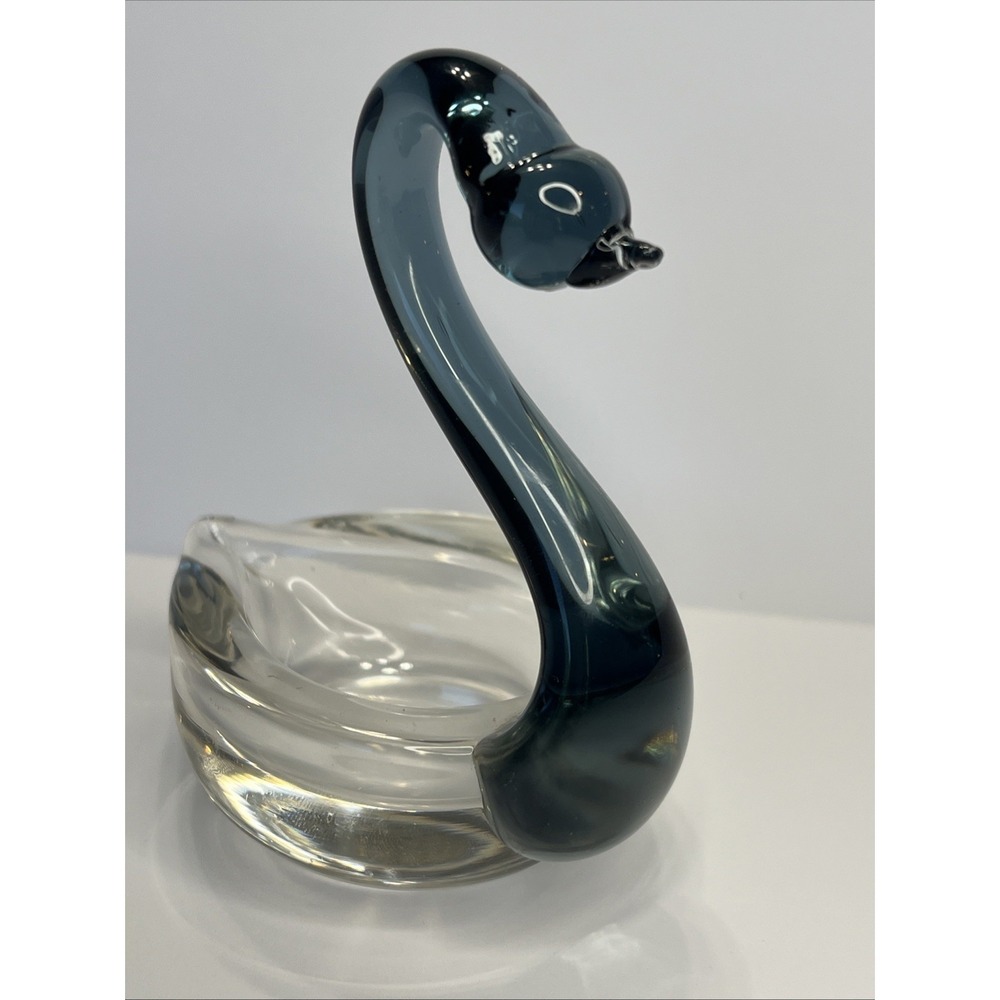 Swan Hand Blown Art Glass Jewelry Dish Smoky Blue Murano Style Trinket Bowl Vtg - Picture 6 of 12